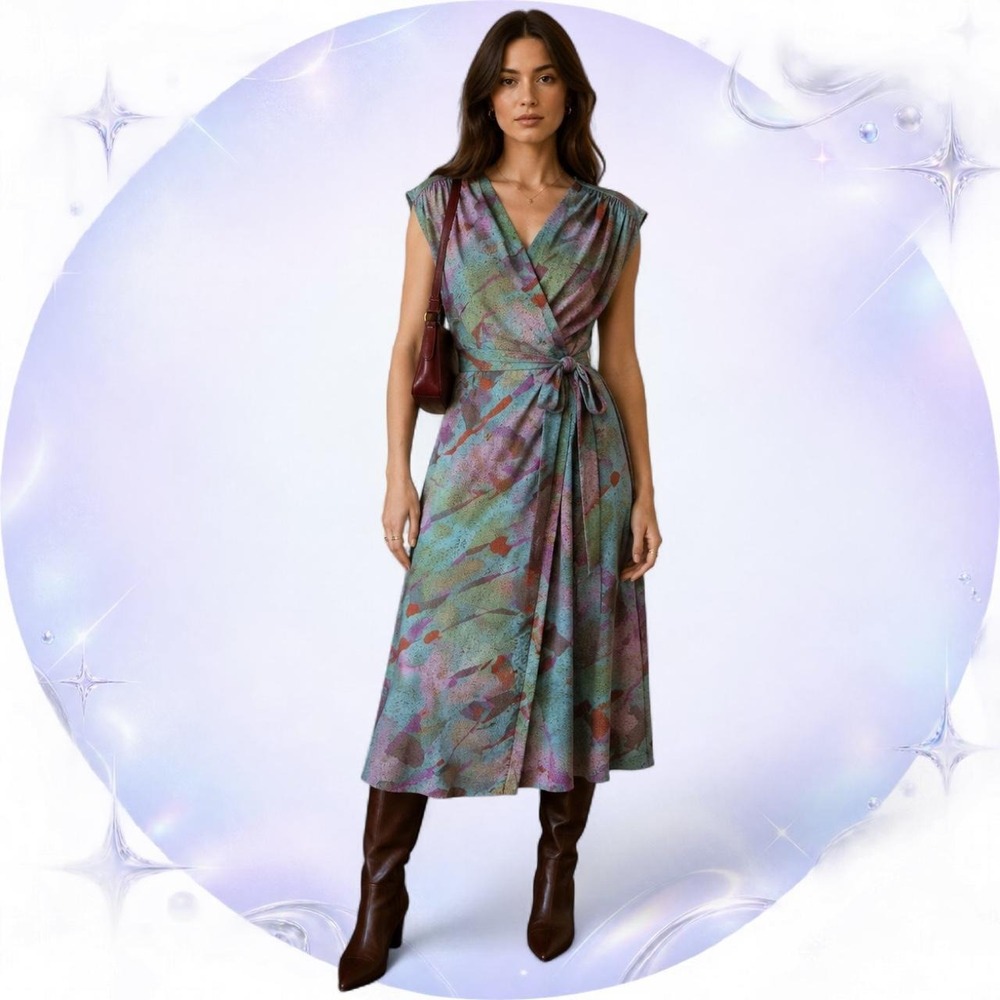 Vintage Winchester London Abstract Wrap Midi Dress Multicolor Size 38 Retro 80s